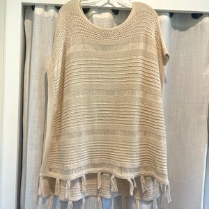 LUCKY Brand Cream Coastal Open Weave Pullover Poncho w/Tassel Detail